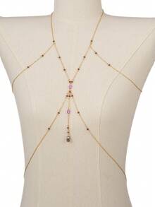 1pc Sexy Faux Crystal Beads Body Chain, Bohemian Bikini Chain, Suitable For Women's Summer Beach, Vacation, Party Wear - Golden Yellow - View 2