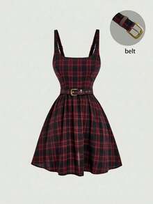 MOD Vestido mini a cuadros azul marino - Rojo - Ver 3
