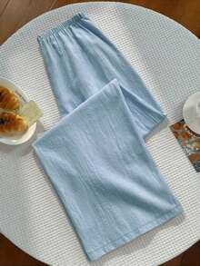 Pantalones sólidos de mujer con nudo, pantalones casuales sueltos, pantalones a rayas, pantalones de vacaciones, pantalones anchos de verano para mujer, pantalones anchos de mujer, pantalones de verano de mujer, pantalones de mujer - Azul - Ver 2