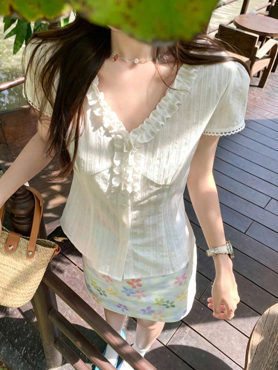 韓式風格女款白色荷葉邊V領短袖襯衫上衣 夏季新款收腰休閒上衣 - 白色 - 查看 1