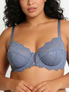 Wingslove Women's Sexy Lace Bra, Unpadded, Underwire, No Lining, Full Coverage, Plus Size Lace Bra - Dusty Blue - View 8