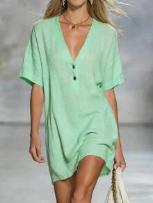 Women's Dress Casual Loose Fit Short Sleeve Button Front Dress Summer Lightweight Outfit - 淺綠色 - 查看 6