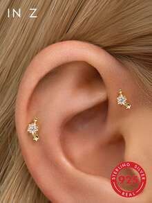 1pc 925 Sterling Silver Flat Threaded Earring, Low Allergy, Suitable For Daily Wear By Men And Women - Three Little Star Earrings - View 1