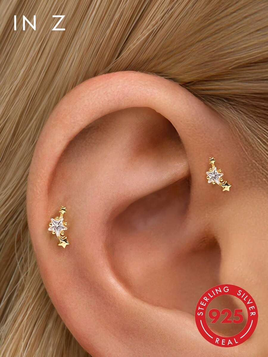 1pc 925 Sterling Silver Flat Threaded Earring, Low Allergy, Suitable For Daily Wear By Men And Women - Three Little Star Earrings - View 1