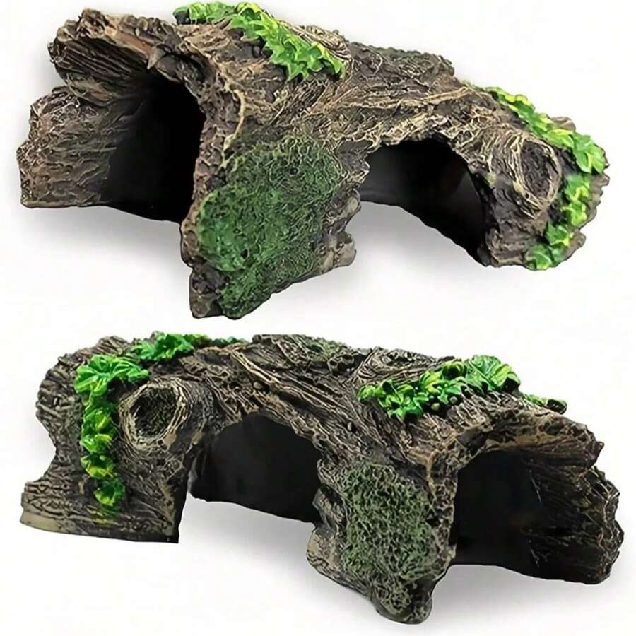 2pcs Resin Hollow Tree Trunk Aquarium Decor Reptile Hide Cave Natural Bark Driftwood Ornament For Fish Tank Landscaping Shrimp Tank Aquarium Decoration Accessories - A - View 1