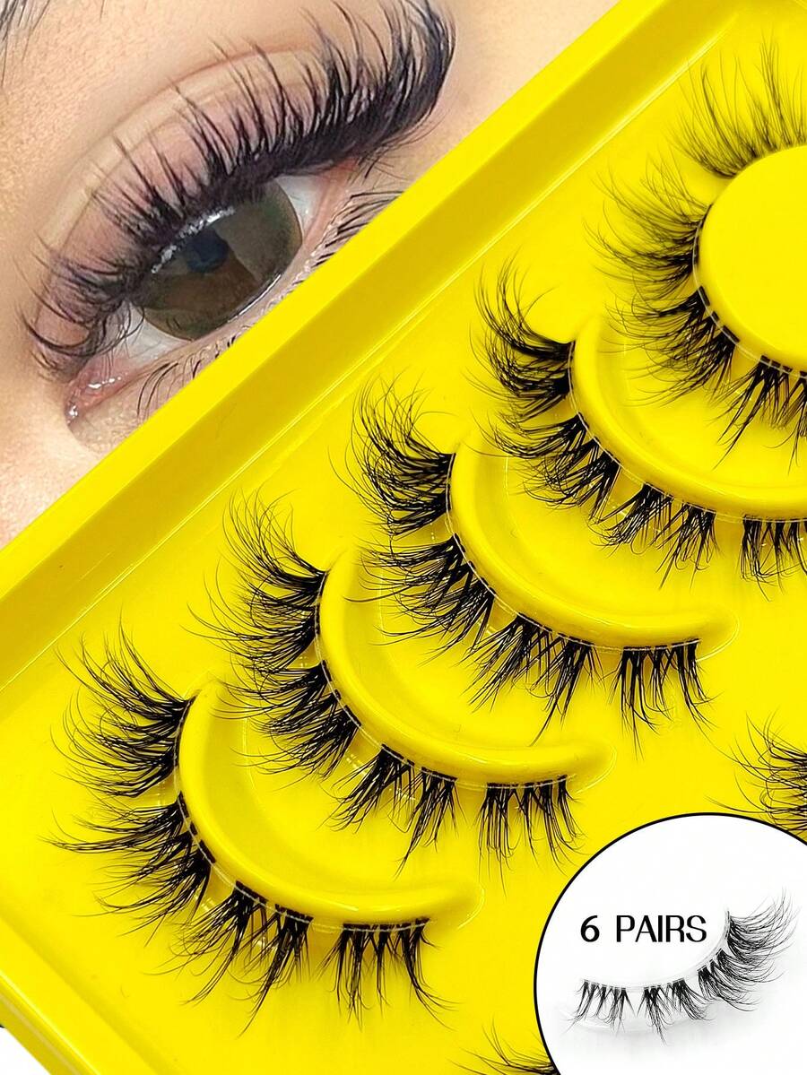 Asiteo 6 Pairs Cat Eye Style Transparent Band False Eyelashes, Foxy Eye Eyelashes, Soft Faux Mink Eyelashes, Natural Fluffy Short Eyelashes, Suitable For Daily Makeup, Beauty Blogger Makeup - Black - View 1