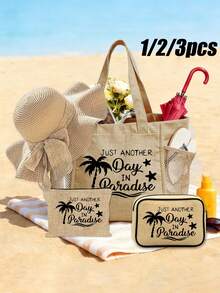 Set 1/2/3 buc. geantă tote Paradise Beach pentru femei, din in și pânză, cu capacitate mare, geantă de umăr cu buzunar de plasă, husă de machiaj și cutie cosmetică asortată, ușoară și reutilizabilă, cu imprimeu tropical de coastă, esențială pentru vacanță de vară, călătorii, croazieră, piscină, cumpărături și uz zilnic, cadou stilat pentru mame, fete, domnișoare de onoare și călători, pentru Ziua Mamei, aniversări, lună de miere și vacanțe de vară - Multicolor - View 2