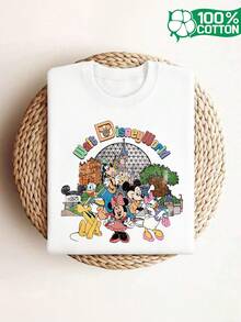 Women's Crew Neck, Short-Sleeved T-Shirt, Officially Licensed By Disney, Spring/Summer. Casual Design Featuring Mickey Mouse, Minnie Mouse, Donald Duck, And Goofy. Cartoon Print With Text. Walt Disney World Women's Crew Neck Running Shirt. 100% Cotton. - trắng - Xem 6