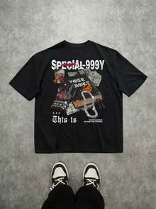 Manfinity  Camiseta de manga corta de algodón negro con estampado gráfico de cruz de estilo callejero y collar y dobladillo anchos - Blanco - Ver 1