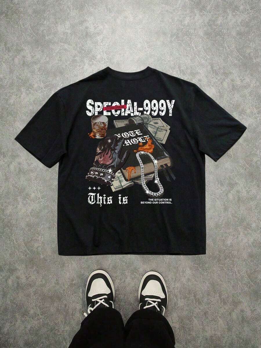 Manfinity Camiseta de manga corta de algodón negro con estampado gráfico de cruz de estilo callejero y collar y dobladillo anchos - Blanco - Ver 1