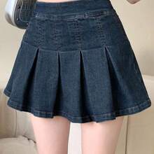 guangzhougaolangshangmao  Minifalda de jeans con dobladillo plisado para mujer, otoño/invierno - Azul lavado oscuro - Ver 8