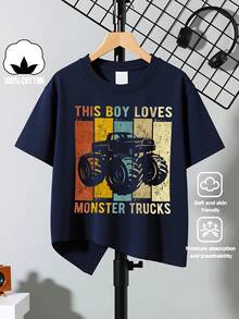 Boys' T-Shirt "This Boy Loves Monster Trucks" 100% Cotton, Soft And Comfortable For Everyday Wear, Suitable For Home, Outdoors And Sports Activities, Comfortable And Breathable - 灰色 - 查看 7