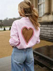 New Striped Heart Embroidery Backless Blouse, Casual Loose Fit Top For Spring/Summer Pink - Pink - View 3