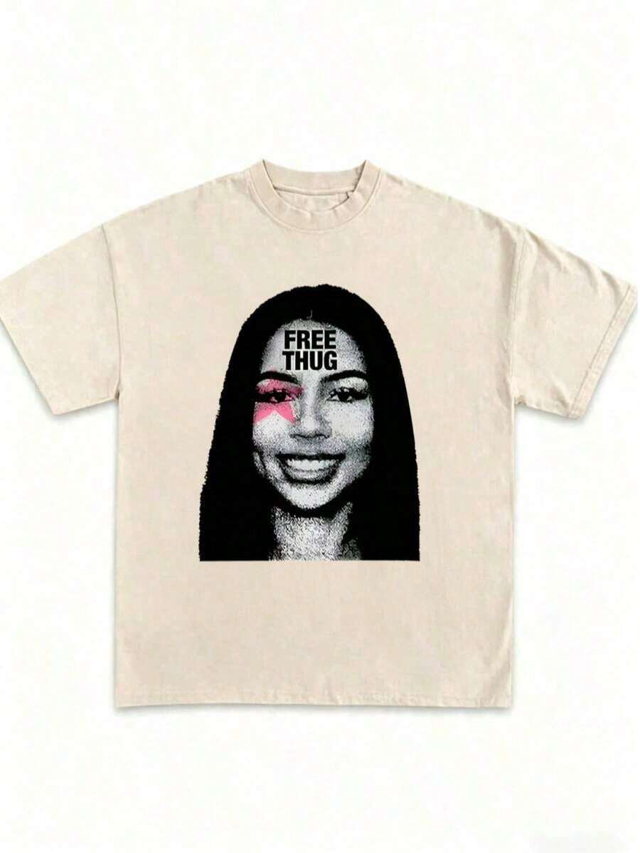 Unisex Mariah Hip Hop Graphic Tee, 100% Cotton Crew Neck Oversized Short Sleeve T-Shirt, Vintage Y2K Streetwear Printed Casual Tops For Men Women - 杏色 - 查看 1
