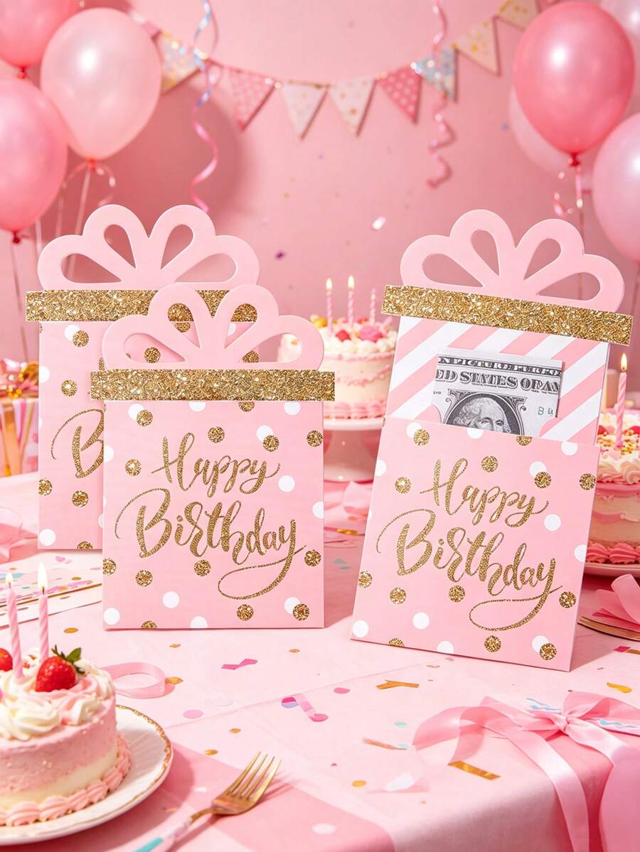3 piezas Caja para sacar dinero de cumpleaños rosa y dorado, tarjeta de regalo de efectivo linda para niñas, caja de regalo para enrollar dinero DIY para fiesta de cumpleaños, soporte para tarjeta de regalo con dinero para sacar, decoración de cumpleaños rosa, suministros para fiesta de cumpleaños de princesa, decoración para baby shower, regalo de bebé, regalo de cumpleaños, recuerdos de fiesta - Oro rosa - Ver 1