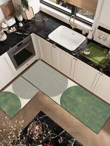 1pc Soft Rubber Absorbent Kitchen Mat, 3.5mm Thick Absorbent Rug For Large Or Small Areas, Modern Artistic Geometric Rug With Semi-Circle Texture Blocks And Parallel Lines, Vintage Distressed Green With Crisp Black Lines, Suitable For Kitchen, Living Room, Bedroom, Kids Room, Mouse Pad, Bathroom, Entryway, Outdoor - Multicolor - View 8