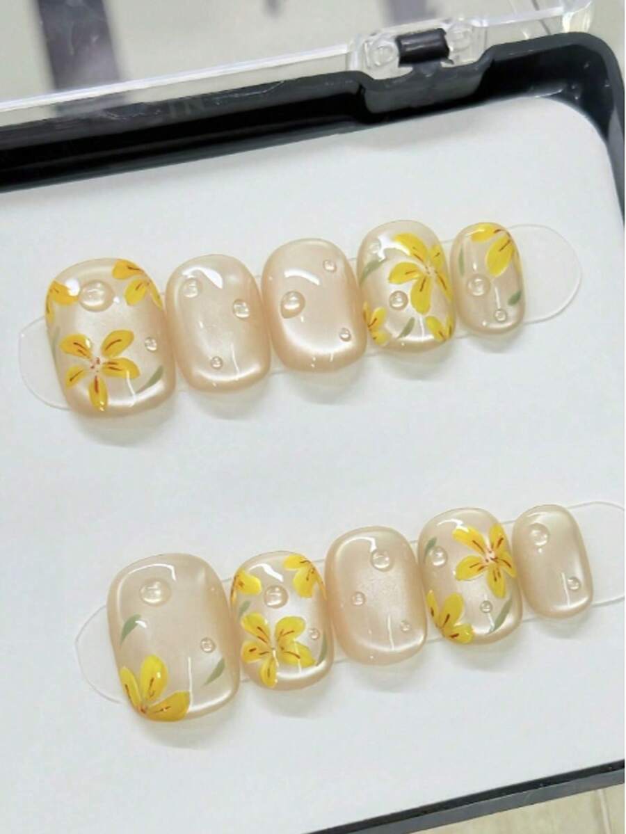 10pcs Luxury Handmade Nail Stickers | Cat Eye Nude Base Color, Hand-Painted Yellow Flowers With Pearl Accents | Short Square & Oval Shapes | Elegant Spring Garden Nail Art Set | Reusable Beauty-Grade Nail Stickers, Suitable For Daily Wear And Events, Also Great As Gift For Women - Yellow - View 1