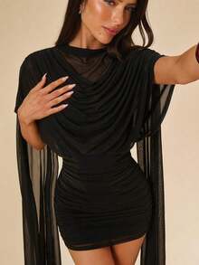 Vestido mini negro transparente sin espalda de malla, sexy y transparente, adecuado para vacaciones, atuendos de verano, elegante para mujeres - Negro - Ver 6