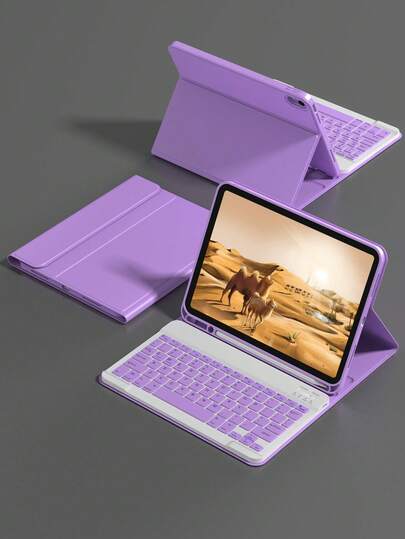 防震纯色翻盖保护套，带可拆卸无线蓝牙键盘，兼容iPad，支持自动休眠/唤醒功能，内置150mAh电池，超薄轻巧支架，带笔槽，浅紫色，春季复活节礼物