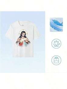 Camiseta Básica de Algodón para Vacaciones|   Estampado de la Divina Misericordia en Algodón de 180g, Blanco/Negro|   Camiseta Básica Unisex para Capas - Blanco - Ver 6