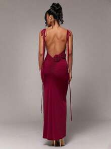 xheSilquee Vestido elegante y sexy de color rojo liso con espalda descubierta, ruedo de sirena y cuello de halter, adecuado para cóctel, cita romántica, vestido de malla de punto, fiesta, boda, Halloween, Navidadxhe - Burdeos - Ver 8