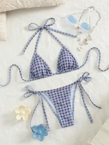 2 piezas Bikini a cuadros sexy con espalda descubierta y atar, adecuado para la playa, el escenario y los conciertos en verano - azul-marrón - Ver 2