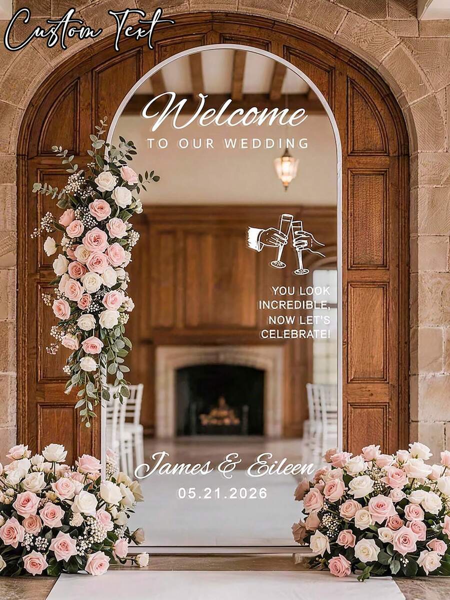 1pc - Personalized DIY Wedding Mirror Welcome Sign Sticker, Wedding Mirror Welcome Sticker, Removable Letters. Wedding Mirror Sticker, Custom Vinyl Sticker, Groom And Bride Names, Elegant Font Suitable For Wedding Party, Banquet Wall, Event Signage, Suitable For Wedding, Wedding Decor, Wedding Party