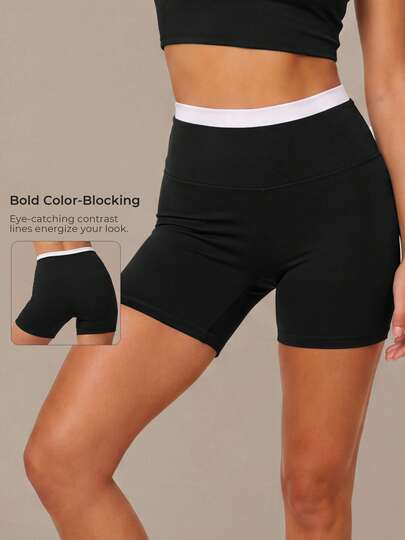 Women's Color-Blocked High-Waisted Tummy-Control Cycling Running Fitness Yoga Shorts
