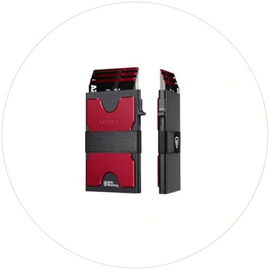 Slim Card Holder Wallet For Men, Minimalist RFID Blocking Wallet With Pop-Up Function, Ultra-Thin Design, Metal Business Card Cases Holds 6+6 Cards, Gifts For Men, Men's Accessories - 霧面紅 - 查看 1