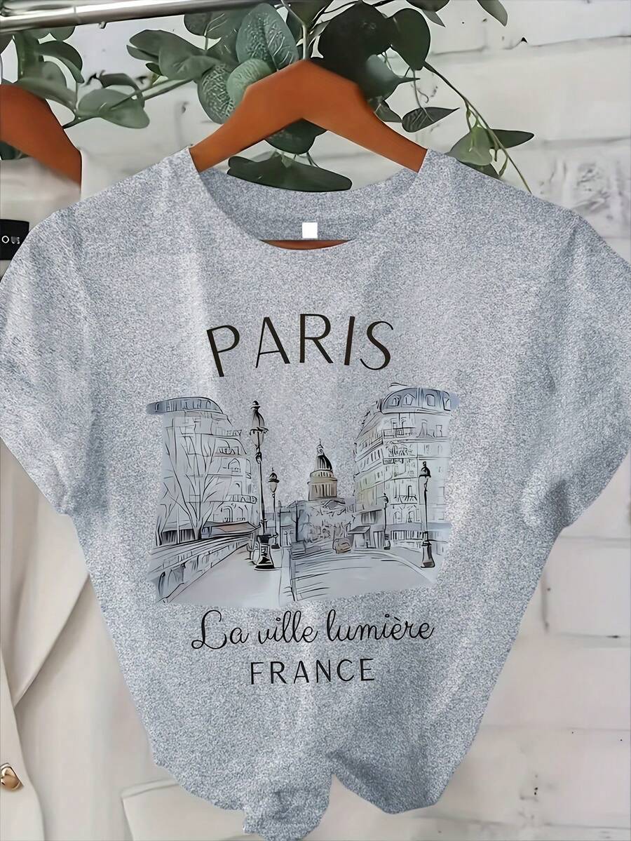 Round Neck T-Shirt With Paris Print For Summer - Light Grey - View 1
