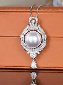 1pc Charming Cubic Zirconia & Faux Pearl Pendant Necklace, Suitable For Women, Ideal For Weddings, Engagements, Anniversary Parties, Valentine's Day Gifts - Silver - View 2