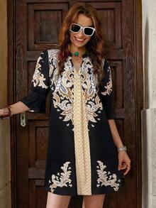 Clasi Vestido elegante con estampado floral y escote calado para mujeres, vestidos de graduación para mujeres, vestido de cintura baja, estilo boho country, ropa de mujer boho - Negro - Ver 2