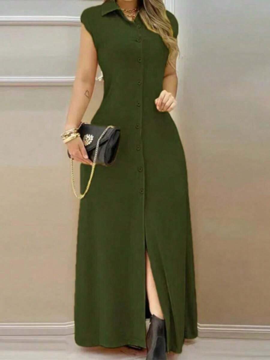 Vestido largo de verano elegante de unicolor con botones delanteros para uso casual y de oficina - Verde - Ver 1