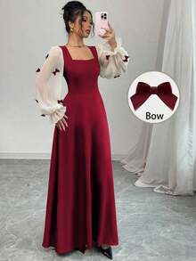 Vestido de mujer con parches tejidos, decoración de lazo y cintura ceñida - Rojo - Ver 12