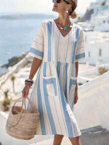 Wandoria Vestido casual de mujer con cuello en V y mangas cortas de color contrastante - Azul - Ver 6