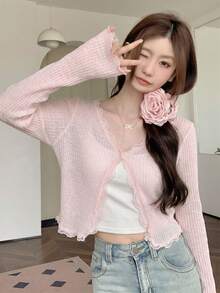 Áo khoác ngoài cổ chữ V màu hồng nhạt viền ren, áo len cổ choàng nhẹ nhàng dễ thương cho mùa hè đi học dành cho nữ. - Màu Hồng baby - Xem 2
