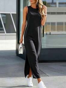 Vestido sin mangas de unicolor con abertura lateral, estilo casual de verano - Negro - Ver 2