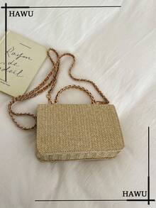 Bolso de hombro de paja con diseño de perlas, bolso cuadrado pequeño para vacaciones en la playa - Caqui - Ver 4