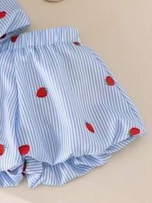 2pcs/Set Toddler Girls' Summer Outfit - Blue & White Striped, Strawberry Print, Bow Decor Sleeveless Top And Shorts, Suitable For Vacation, Casual Outings, Sister Matching, Family Events, School Wear - Baby Blue - View 4