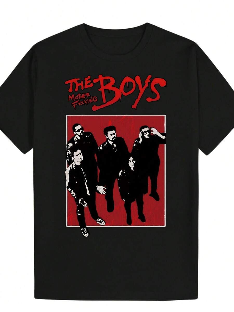 Camiseta Gráfica para Hombre "The Boys" con Texto Rojo Intenso y Diseño de Cuatro Figuras - Corte Holgado, Ligera, Cuello Redondo, para Uso Casual y Streetwear, Lavable a Máquina, Camiseta Negra para Todas las Temporadas - Negro - Ver 1