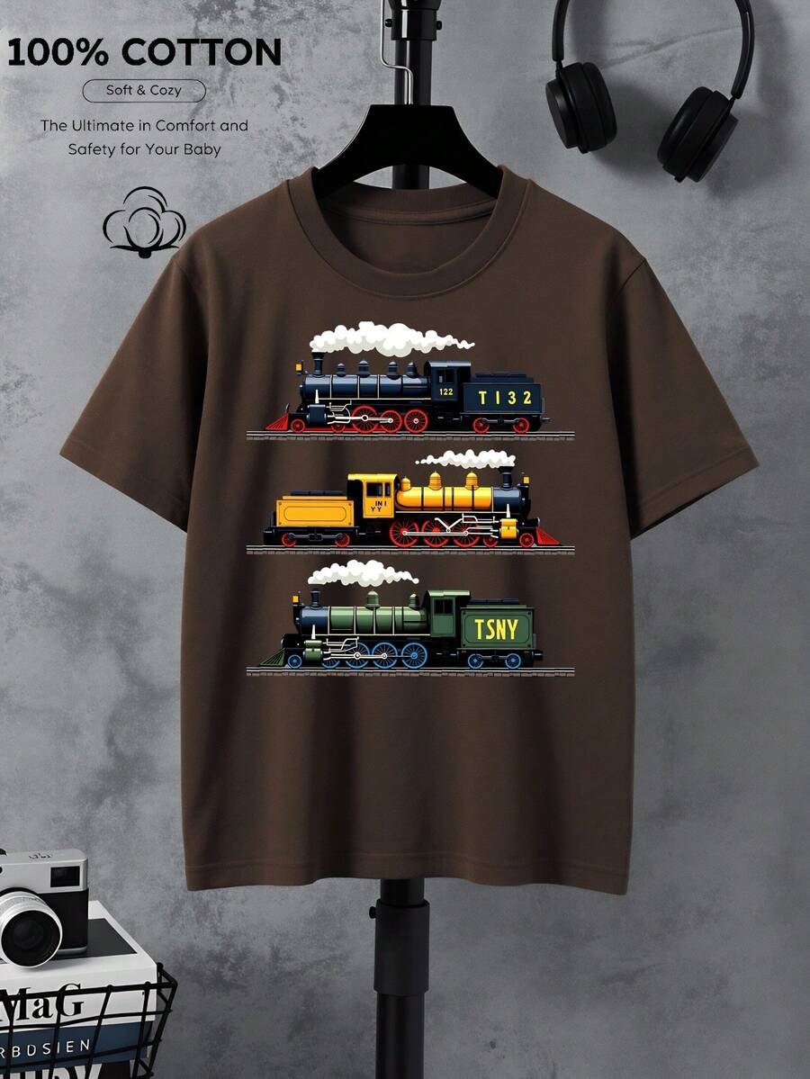 100% Cotton T-Shirt For Boys, With Vintage Steam Locomotive Design, Machine Washable, Suitable For All Seasons, Ideal For Outdoor Activities, Soft And Knitted, Comfortable And Breathable, With Cute And Interesting Designs. - 灰色 - 查看 1