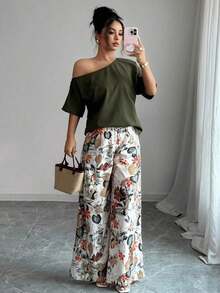 VCAY Set de 2 piezas Blusa de cuello asimétrico de color liso y Pantalones con estampado floral, conjunto casual para mujer - Morado - Ver 9