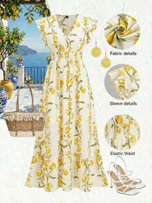 xheEllevyn Vestido largo elegante de mujer con cintura fruncida y volantes, vestido de verano para vacaciones, vestido para citasxhe - Multicolor 6 - Ver 7