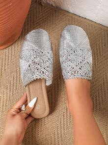 New Summer Women's Breathable Woven Round Toe Flat Slippers, Lightweight Casual Beach Sandals, Elegant & Comfortable, Suitable For Indoor & Outdoor Wear - Silver - View 6