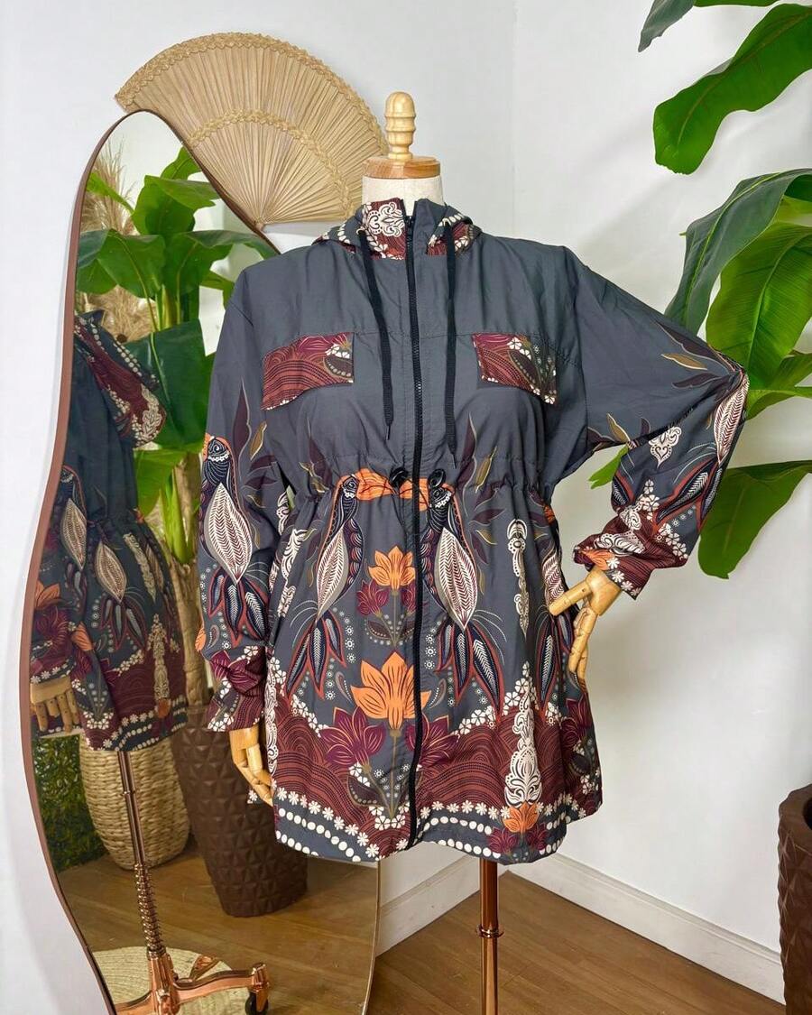 Plus Size Printed Windbreaker Jacket, Plus Size Parka, Nylon Blouse - 4 - View 1