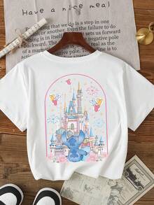 This Girls' Disney *Lilo & Stitch* T-Shirt Features A Double-Sided Print And Is Crafted From Soft, Comfortable Fabric. It Is The Perfect Choice For Girls To Wear While Traveling, Vacationing, Engaging In Outdoor Sports, Or For Everyday Casual Outings-A Stylish And Versatile Top That Is Ideal For Both The Spring And Summer Seasons. - trắng - Xem 3