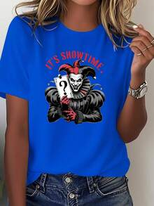 Women's T-Shirt "Evil Clown Performance Moment" - Gothic Queen Of Hearts Design In Red And Black, Casual Round Neck T-Shirt, Perfect For Clown-Themed Outfits, Suitable For Theme Parties And Everyday Wear. - 藍色 - 查看 7