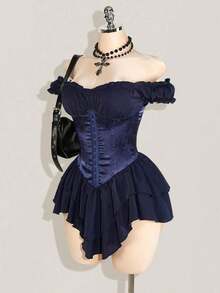 sfvsSHEIN ICON Vestido corto de gasa con volantes en el hombro, cintura fruncida y estampado jacquard para mujer, elegante para fiestas y uso casualvfdw OUU7 - Azul marino - Ver 7