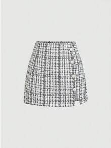 Falda a cuadros  de  para comercio transfronterizo, falda corta, falda de corte en A, falda de cintura alta y efecto adelgazante para mujer, nueva colección otoño-invierno 2025. - Blanco - Ver 5