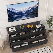 Diseño elegante y funcional - Mueble TV moderno con soporte, centro de entretenimiento de 120 cm, cómoda de 6 cajones de ratán para TV de 32-85", gran capacidad de almacenaje - Negro - Ver 2